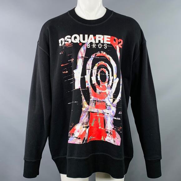 DSQUARED2 BROS Size M Black Red Print Cotton Oversized Crew Neck Sweatshirt - Picture 1 of 9